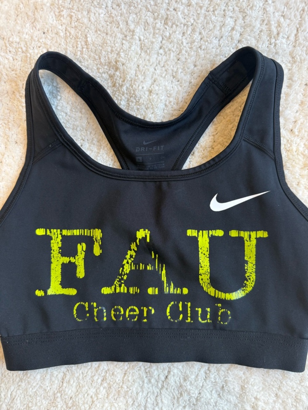 Nike Black Sports Bra with Neon Yellow FAU Cheer Club Graphic